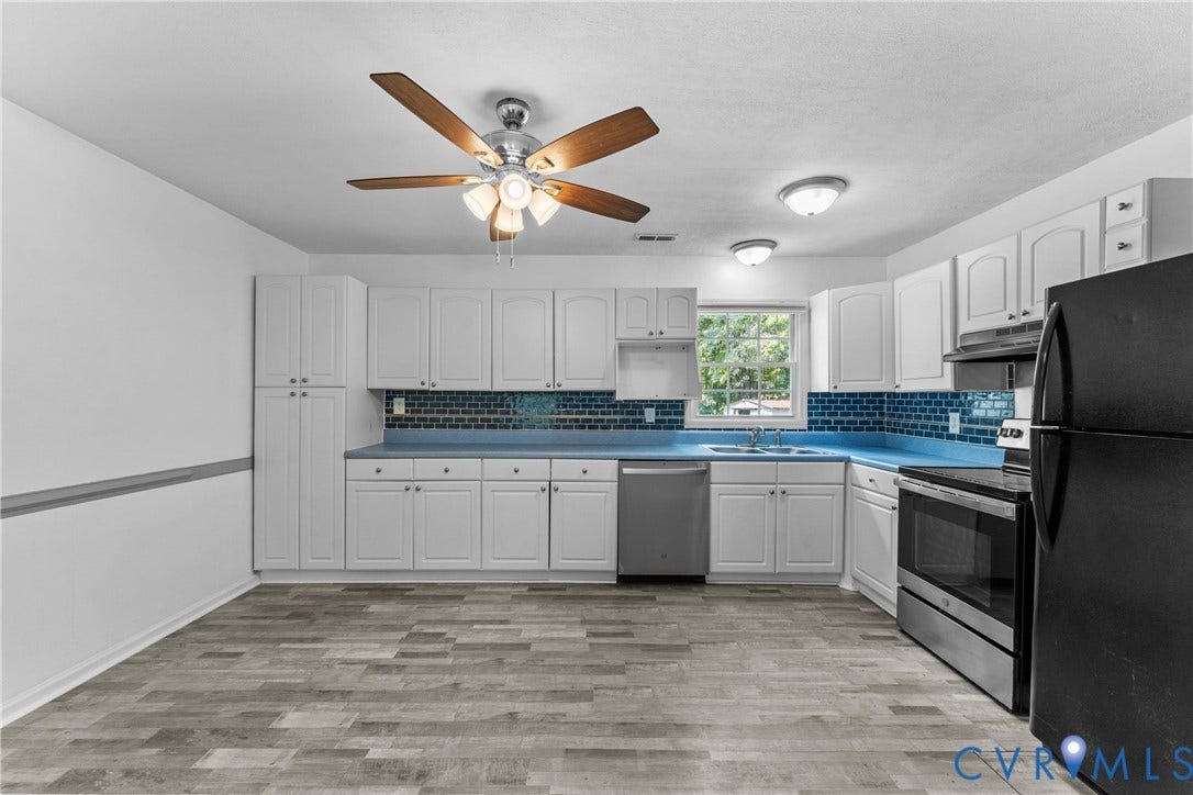 12870 King William Road, King William, VA 23086 Kitchen featuring white cabinetry, blue countertops, a blue subway tile backsplash, stainless steel appliances, and wood-finish flooring
