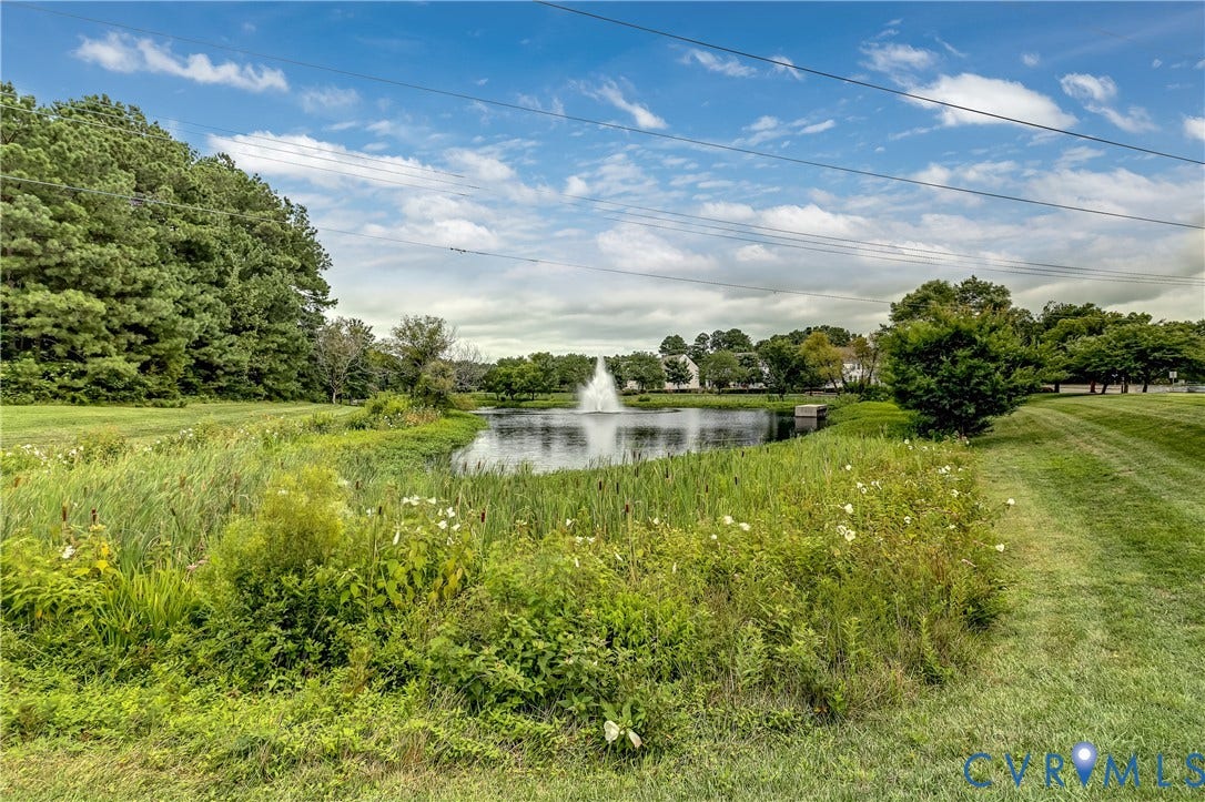 4602 Twin Hickory Lake Drive, Twin Hickory, Glen Allen, VA 23059 Manicured grounds featuring a pond with a fountain, mature trees, and natural grasses
