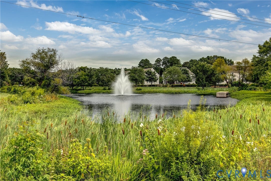 4602 Twin Hickory Lake Drive, Twin Hickory, Glen Allen, VA 23059 Picturesque grounds featuring expansive manicured lawn with mature shade trees, decorative aeration fountain, and serene pond frontage