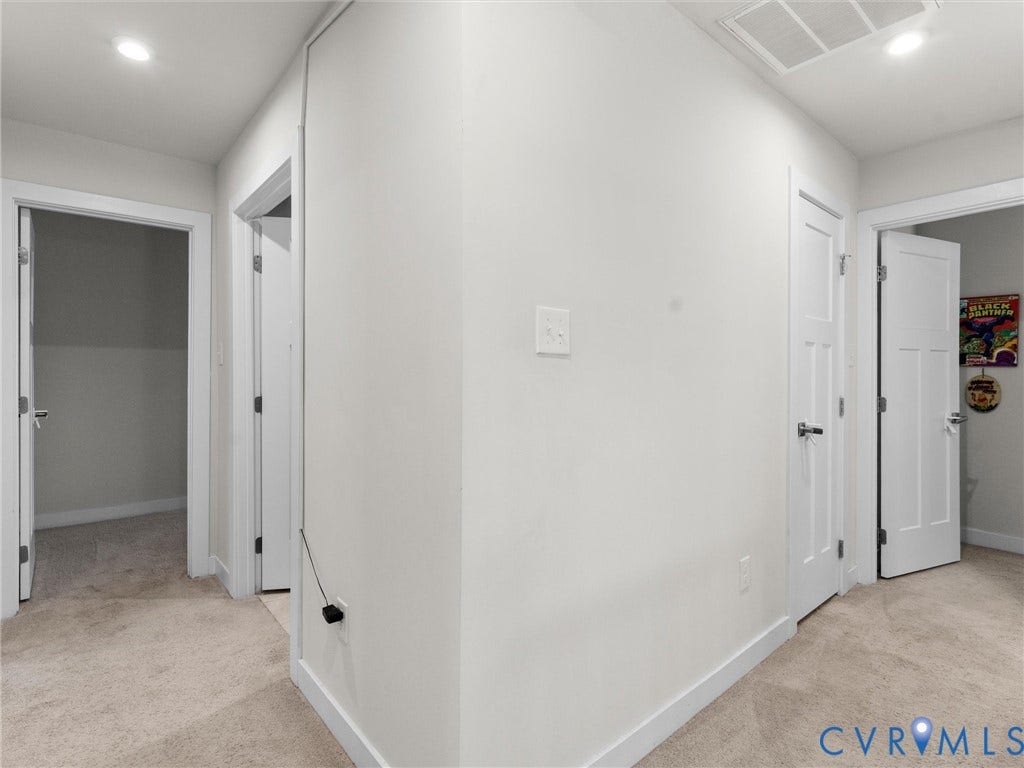 10419 Centralia Station Road, Chester, VA 23831 Hallway featuring recessed lighting, light neutral paint, carpeted flooring, and white trim