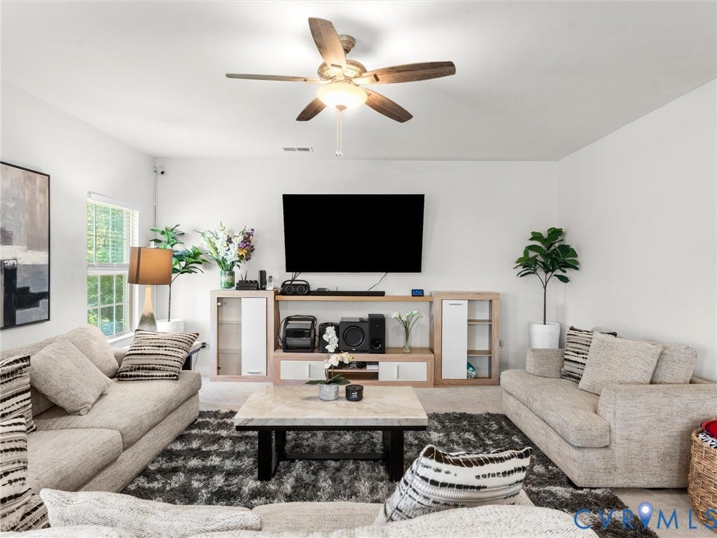 10419 Centralia Station Road, Chester, VA 23831 Living area featuring a ceiling fan with integrated lighting, a multi-pane window, and light-toned wall finishes