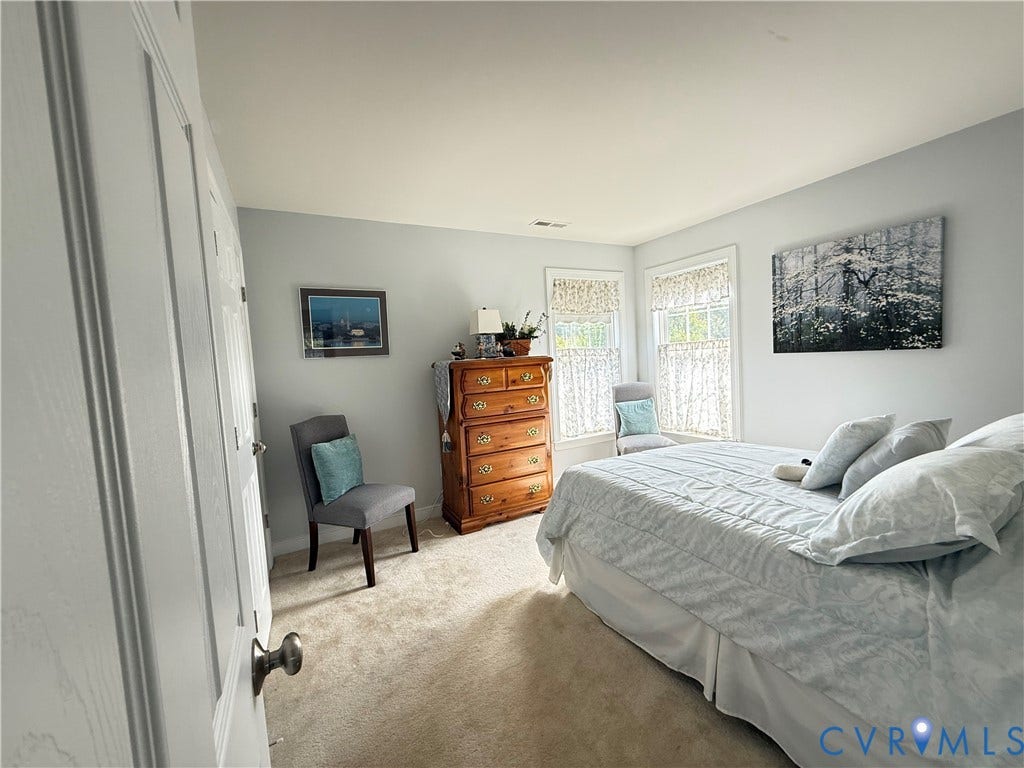 3267 Bayberry Lane, Goochland, VA 23063 Carpeted room featuring a light color palette, two windows with window treatments, a paneled door, and ample wall space