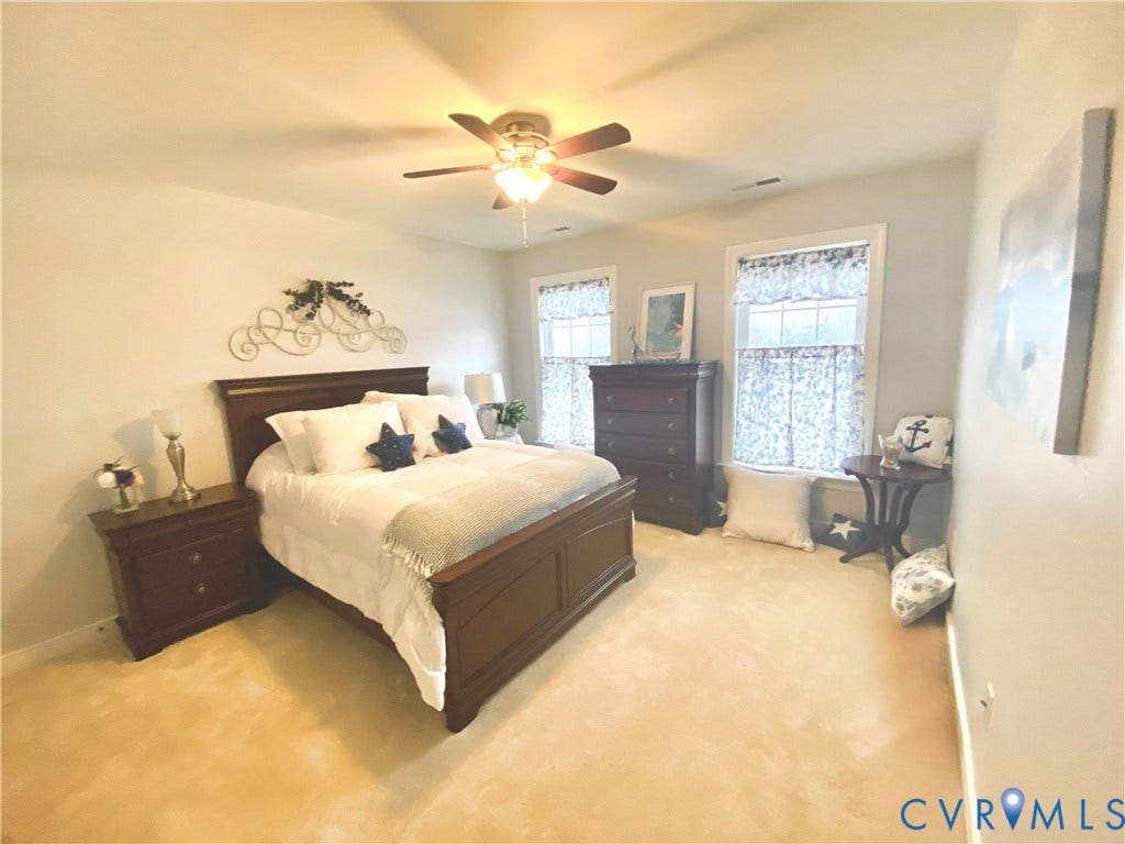 3267 Bayberry Lane, Goochland, VA 23063 Carpeted interior space featuring light-toned walls, two windows, and a ceiling fan with integrated lighting