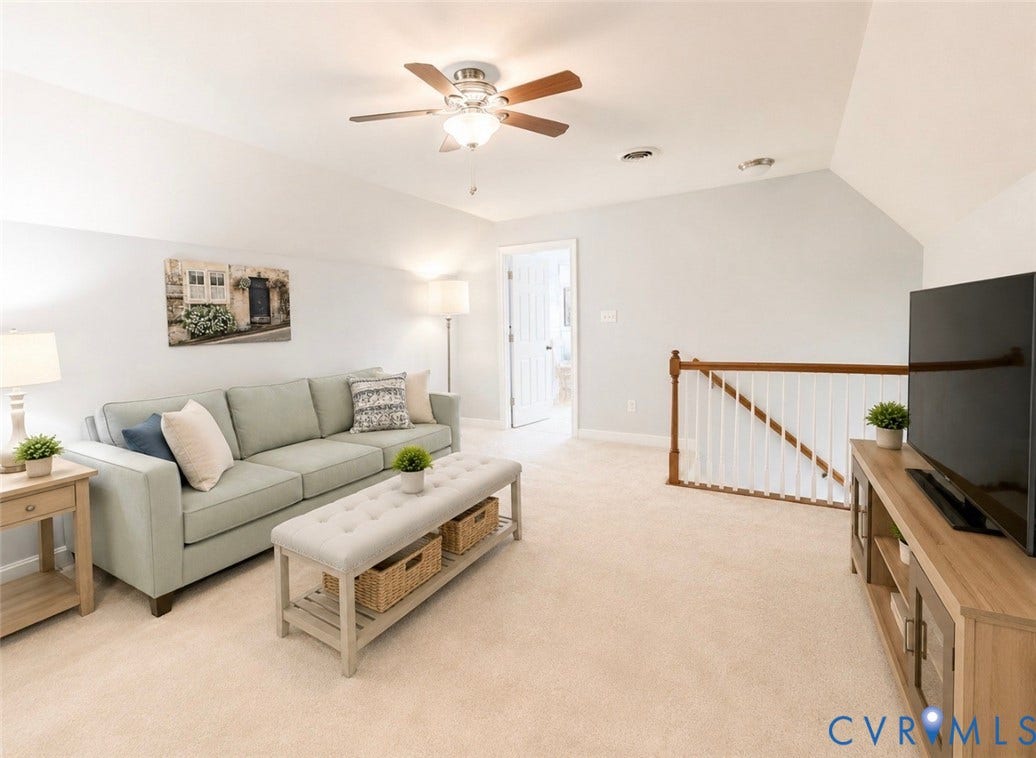 3267 Bayberry Lane, Goochland, VA 23063 Carpeted bonus room featuring a ceiling fan with light, recessed lighting, and a white balustrade with wood-finish top rail