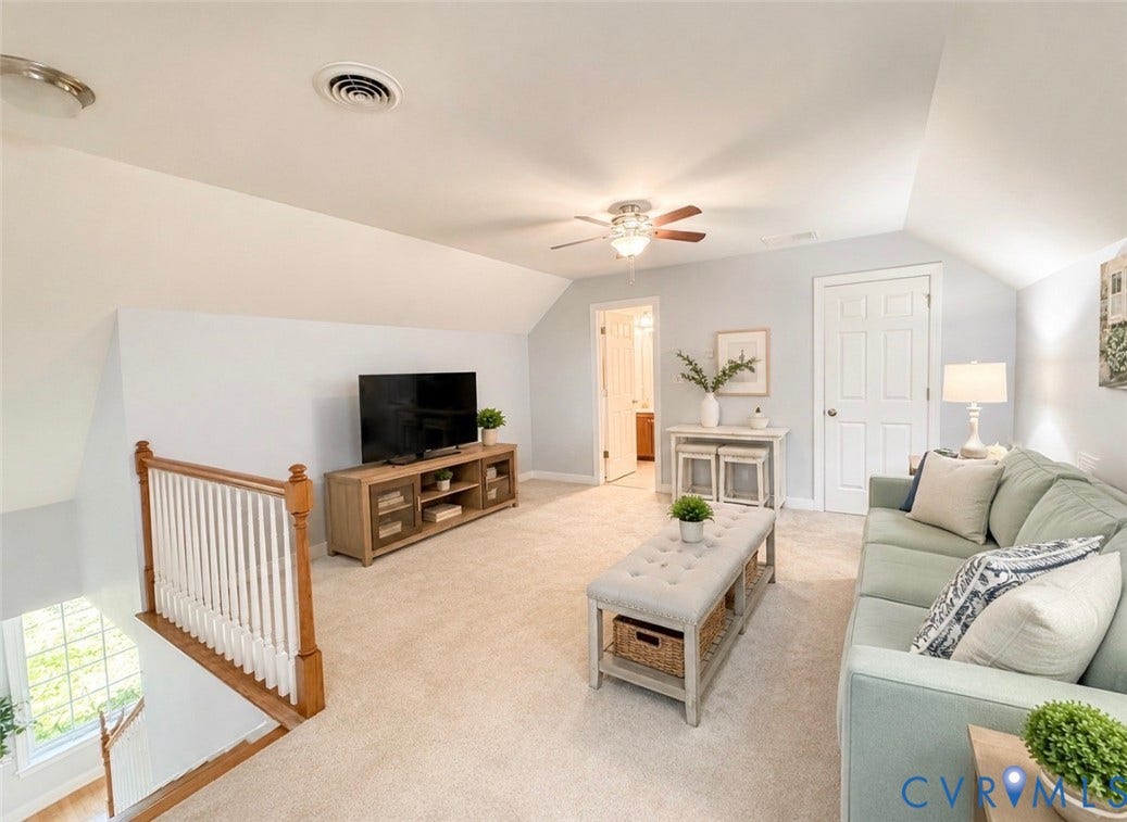 3267 Bayberry Lane, Goochland, VA 23063 Carpeted loft area featuring a ceiling fan, sloped ceilings, and interior doors