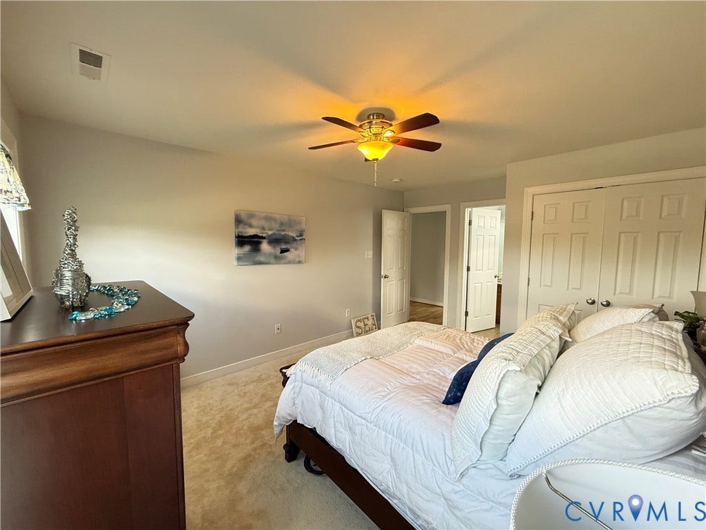 3267 Bayberry Lane, Goochland, VA 23063 Carpeted room with a ceiling fan light fixture, two panel doors, and neutral wall paint