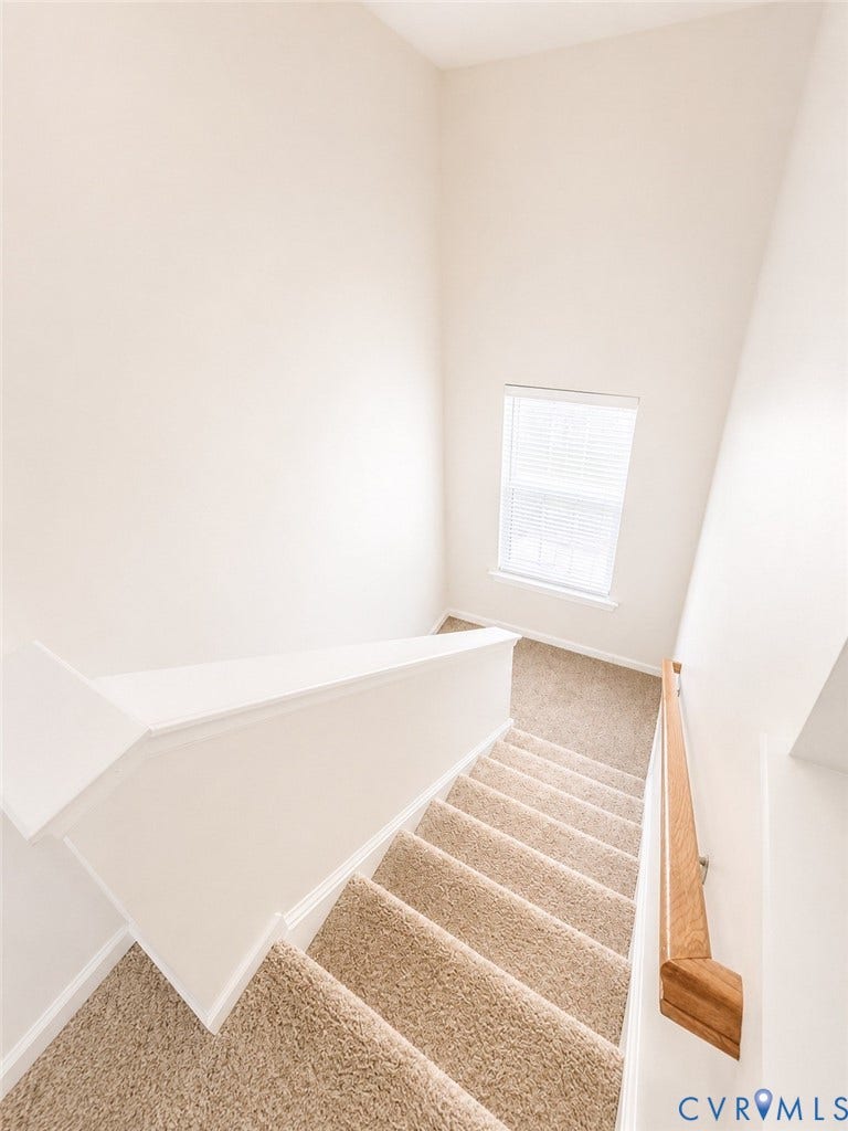 2312 Thomas Kenney Drive, Glen Allen, VA 23060 Staircase featuring carpeted treads, a painted railing, and a wood-finish handrail