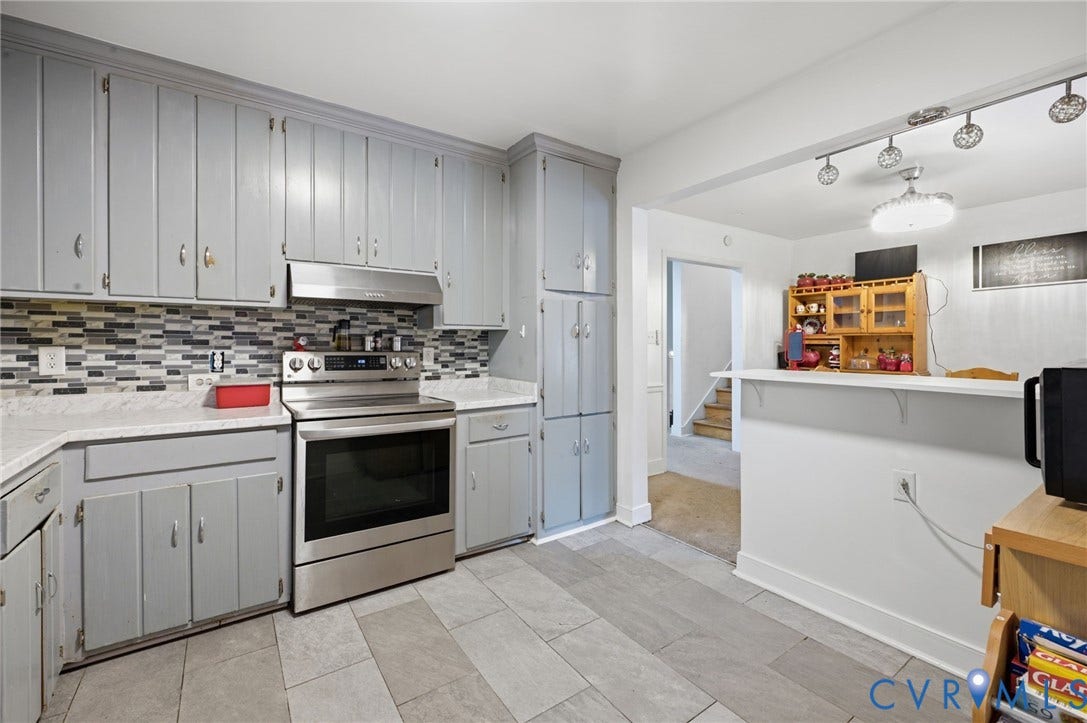 4021 Beulah Road, Chesterfield, VA 23237 Kitchen featuring grey cabinetry, white countertops, stainless steel range with overhead ventilation, and a mosaic tile backsplash
