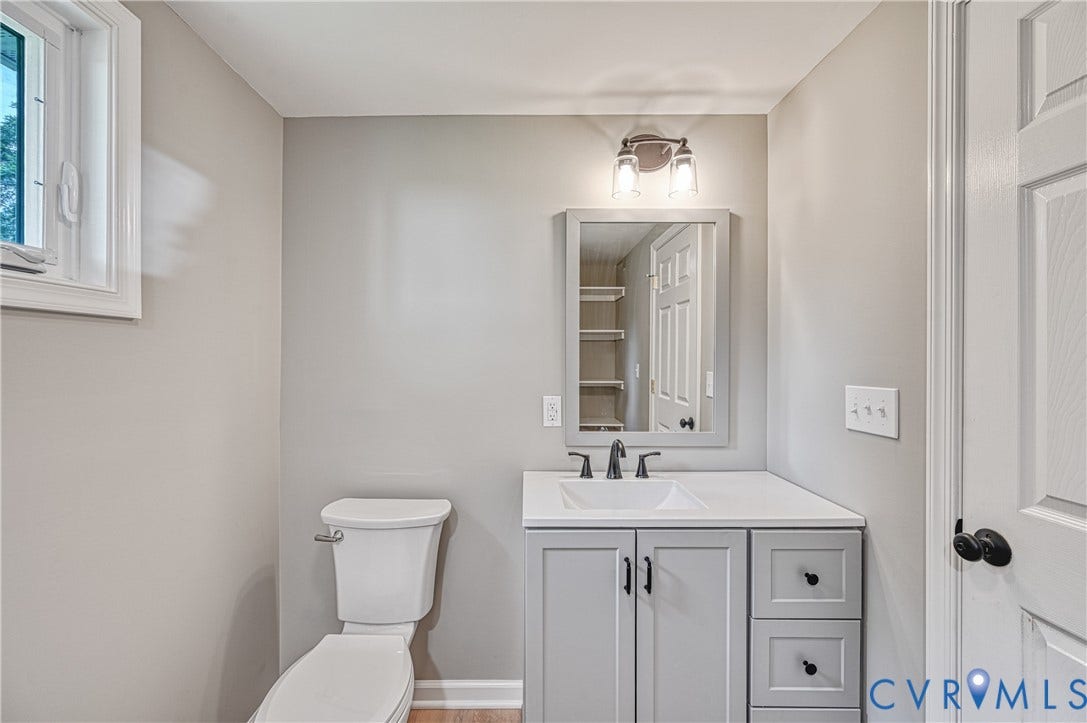 309 Ellis Drive, Louisa, VA 23093 Bathroom featuring a light gray vanity with black hardware, white countertop, and an undermount sink