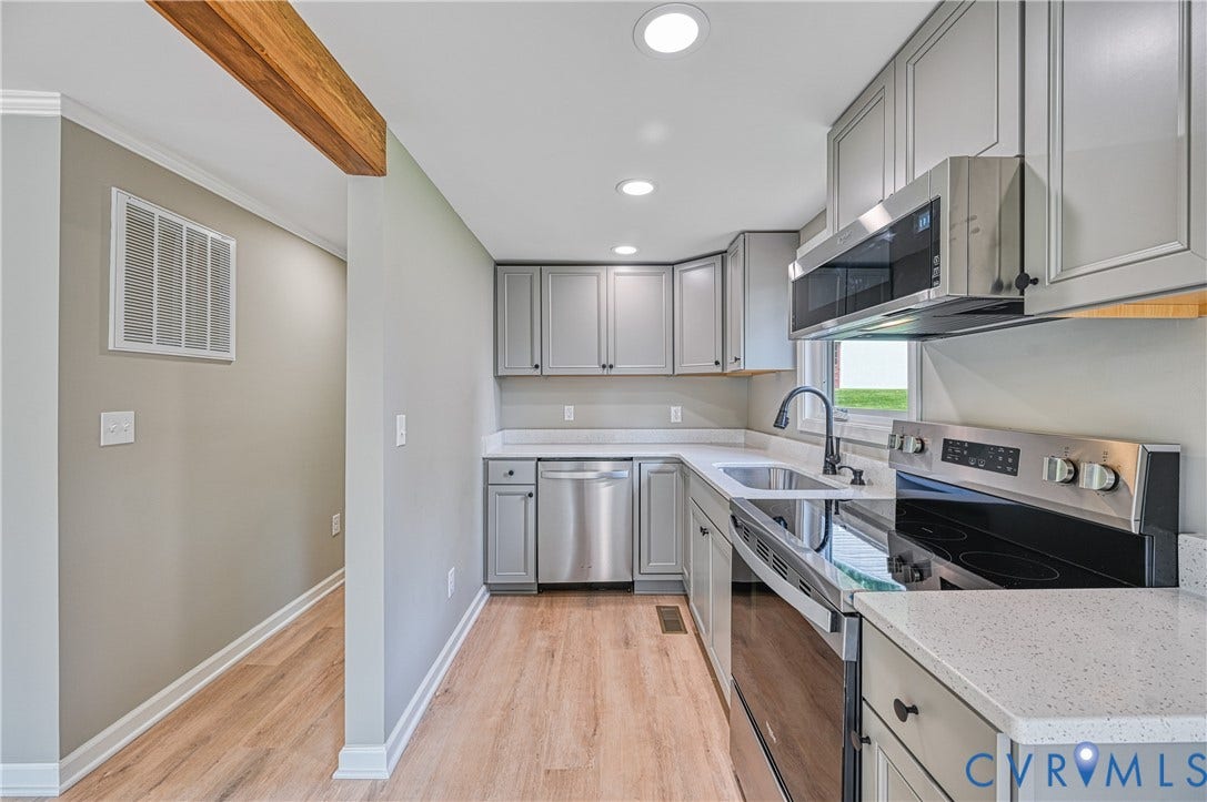 309 Ellis Drive, Louisa, VA 23093 Modern kitchen featuring light gray cabinetry, stainless steel appliances, and wood-finish flooring