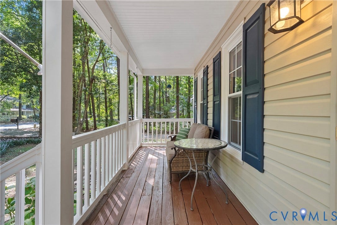 13908 Sterlings Bridge Road, Midlothian, VA 23112 Covered front porch with wood flooring, white railings, and a beadboard ceiling