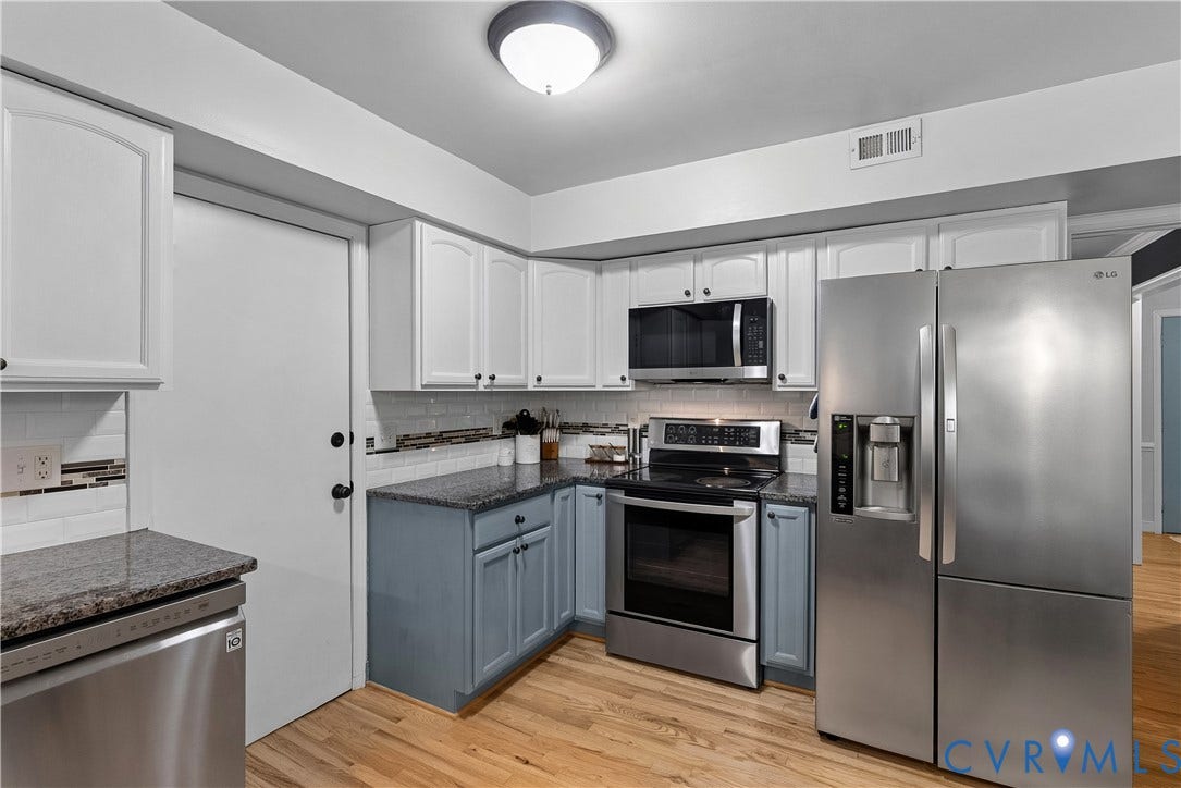 13908 Sterlings Bridge Road, Midlothian, VA 23112 Kitchen featuring white upper cabinetry, blue-painted lower cabinetry, dark granite countertops, and stainless steel appliances