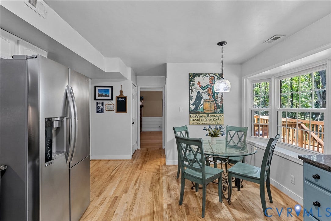 13908 Sterlings Bridge Road, Midlothian, VA 23112 Stainless steel refrigerator, wood-finish flooring, bay window, built-in cabinetry, and a pendant light fixture