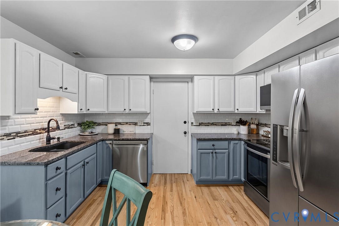 13908 Sterlings Bridge Road, Midlothian, VA 23112 Modern kitchen featuring wood-finish flooring, two-tone cabinetry, stainless steel appliances, and a subway tile backsplash
