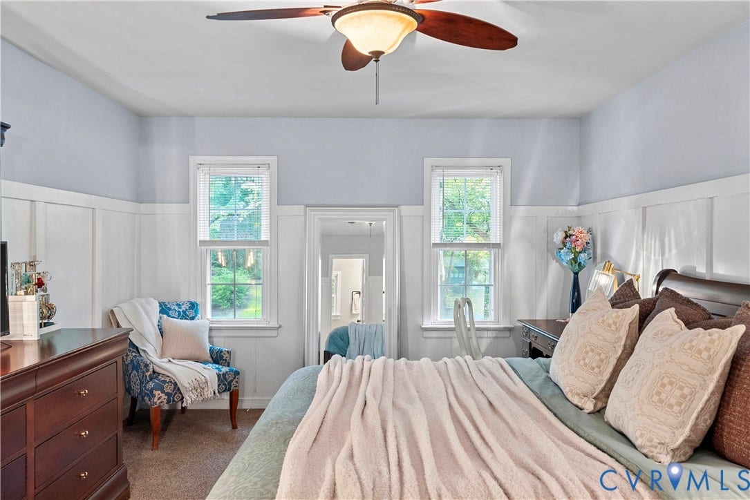 13908 Sterlings Bridge Road, Midlothian, VA 23112 Board and batten wainscoting, light blue wall paint, and overhead fan with integrated lighting