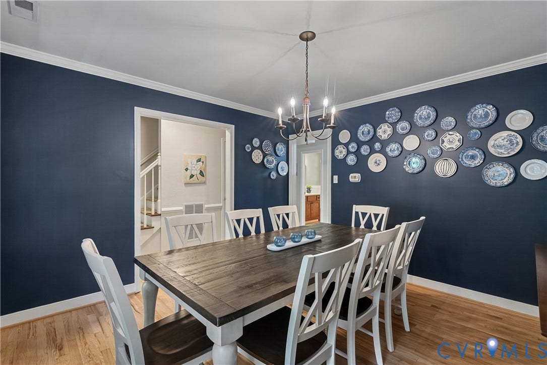 13908 Sterlings Bridge Road, Midlothian, VA 23112 Hardwood flooring complements the deep blue walls and white crown molding