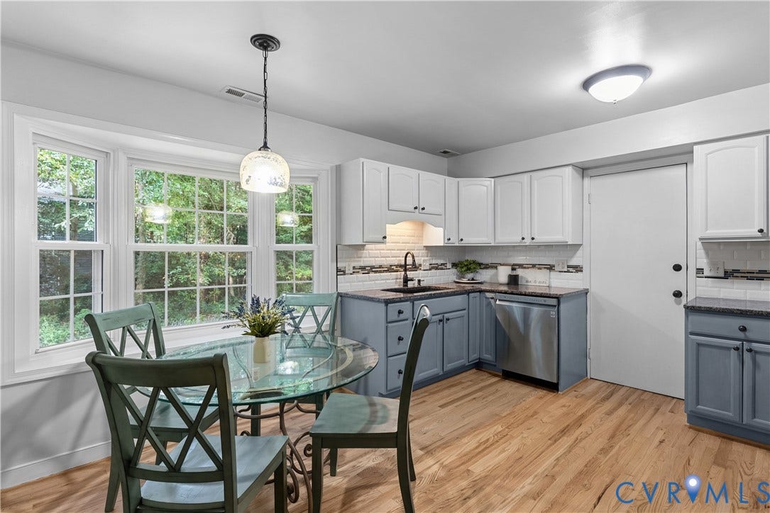 13908 Sterlings Bridge Road, Midlothian, VA 23112 Kitchen featuring wood-finish flooring, two-tone cabinetry with contrasting hardware, a tile backsplash, and a bay window