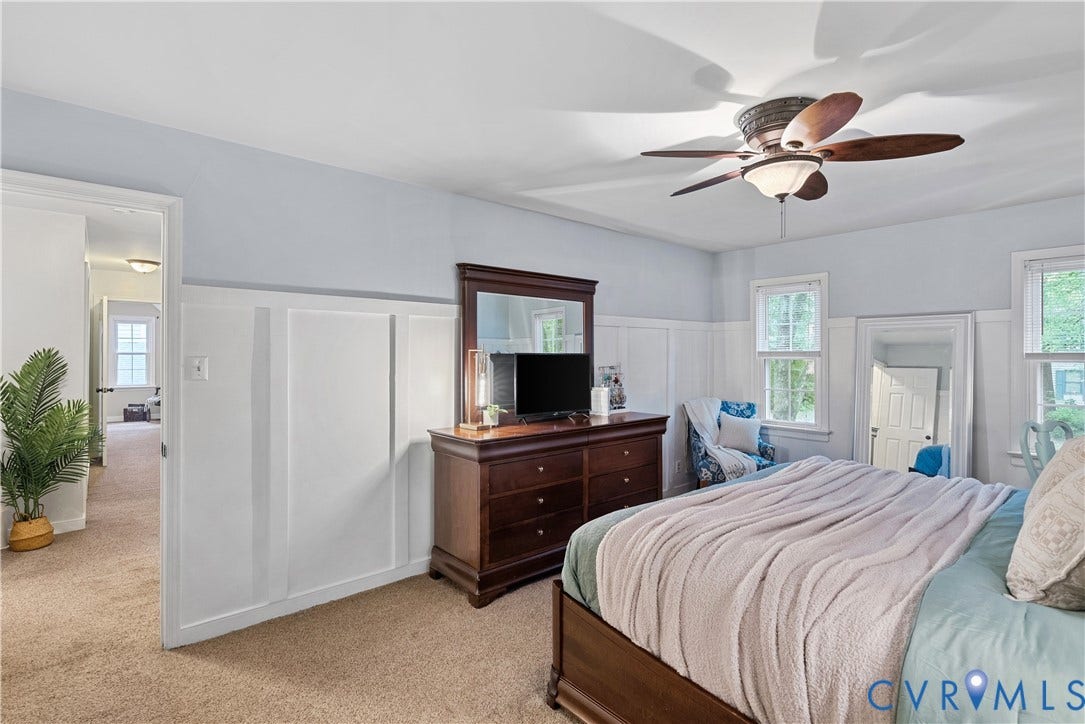 13908 Sterlings Bridge Road, Midlothian, VA 23112 Board and batten wainscoting, ceiling fan, and carpeted flooring