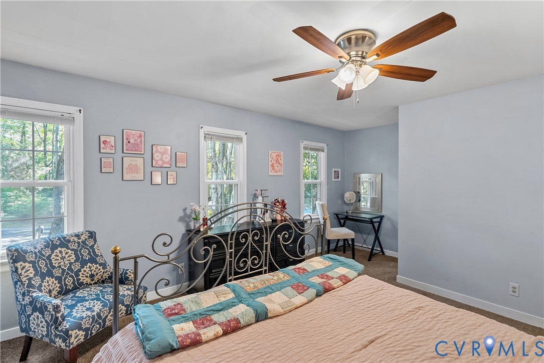 13908 Sterlings Bridge Road, Midlothian, VA 23112 Light blue painted walls with multiple windows, a ceiling fan with light fixture, and carpeted flooring