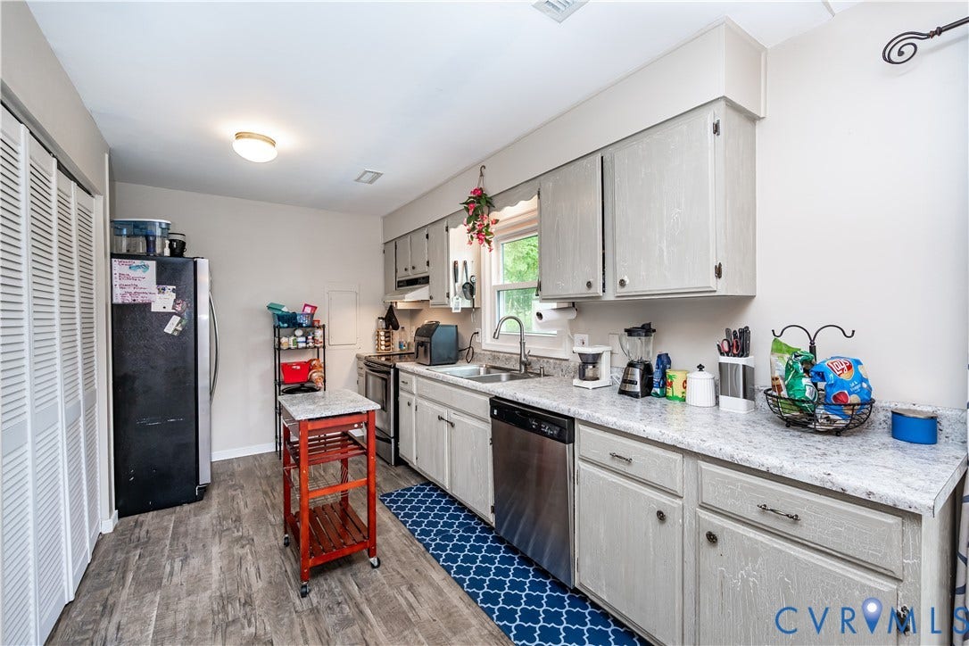 19105 Braebrook Drive, Chesterfield, VA 23834 Kitchen featuring light gray cabinetry, speckled countertops, stainless steel dishwasher, and wood-finish flooring