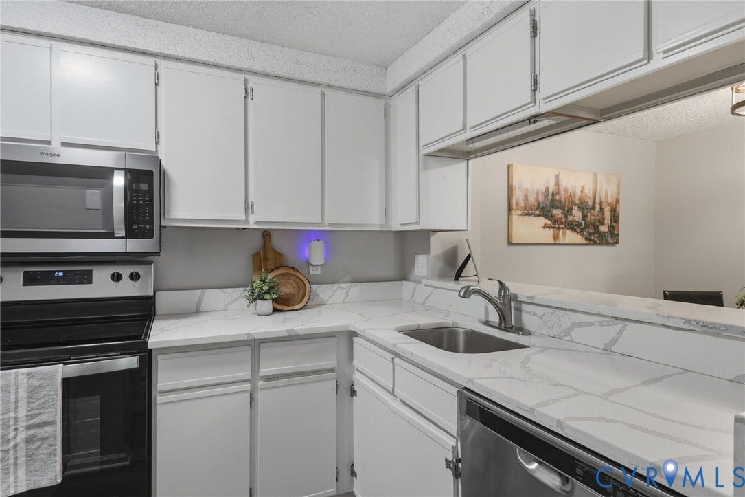2460 Stembridge Court, #G, Richmond, VA 23238 Kitchen featuring white cabinetry, stainless steel appliances, and a pass-through counter