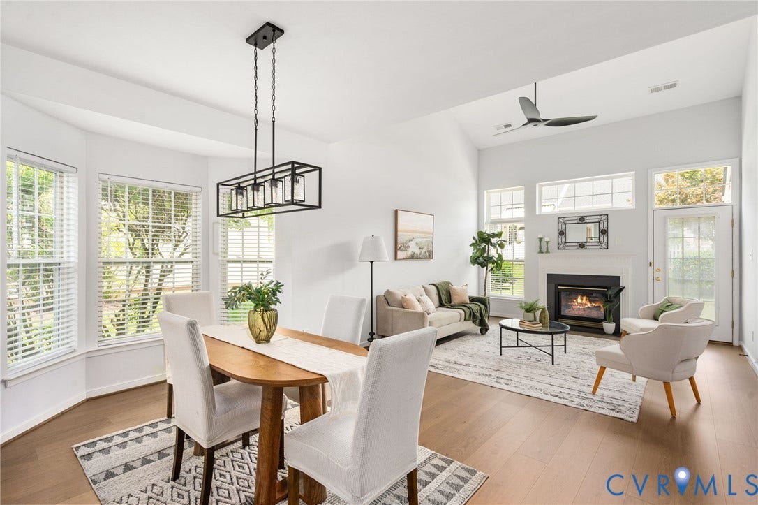 5806 Park Creste Drive, Glen Allen, VA 23059 Bright open-concept living area featuring wood-finish flooring, a contemporary fireplace with a white mantel, and high vaulted ceilings