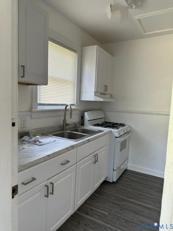 712 S Meadow Street, Richmond, VA 23220 Kitchen featuring white cabinetry, a double basin stainless steel sink with a high-arc faucet, and wood-finish flooring