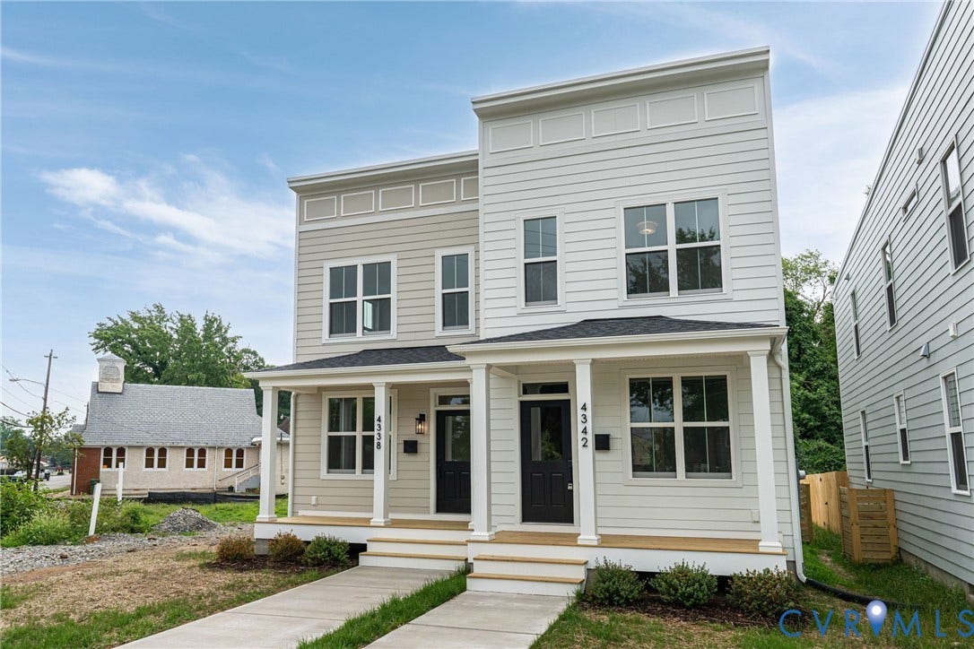 4338 North Avenue, Ginter Park, Richmond, VA 23222 Modern two-story duplex featuring neutral-toned siding, dark entry doors, white window trim, and individual covered front porches with white columns