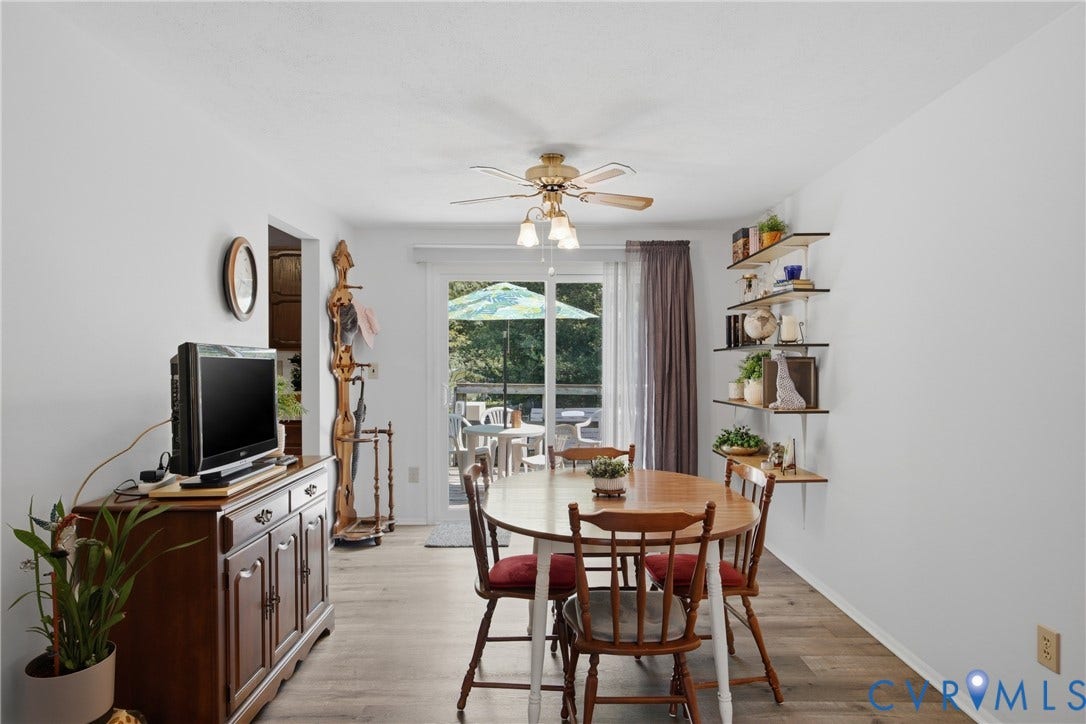 2007 Mountain Pine Boulevard, Three Pines, Richmond, VA 23235 Wood-finish flooring throughout, ceiling fan with integrated lighting, sliding glass door to exterior, and built-in wall shelving