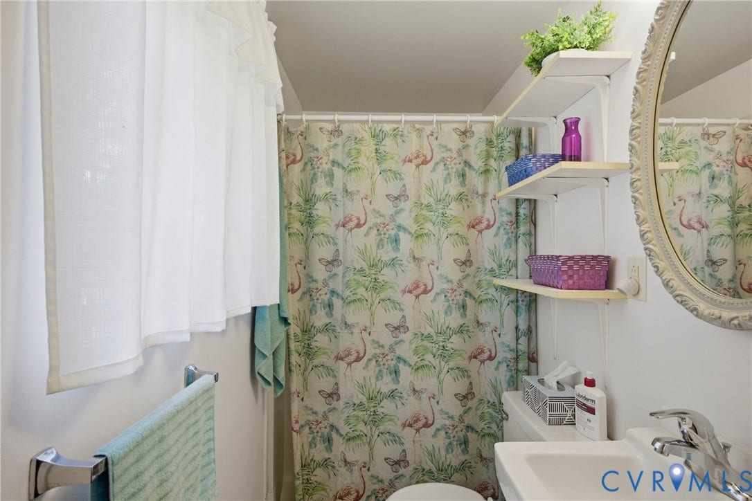 2007 Mountain Pine Boulevard, Three Pines, Richmond, VA 23235 White sink with chrome faucet, framed mirror, and mounted shelving