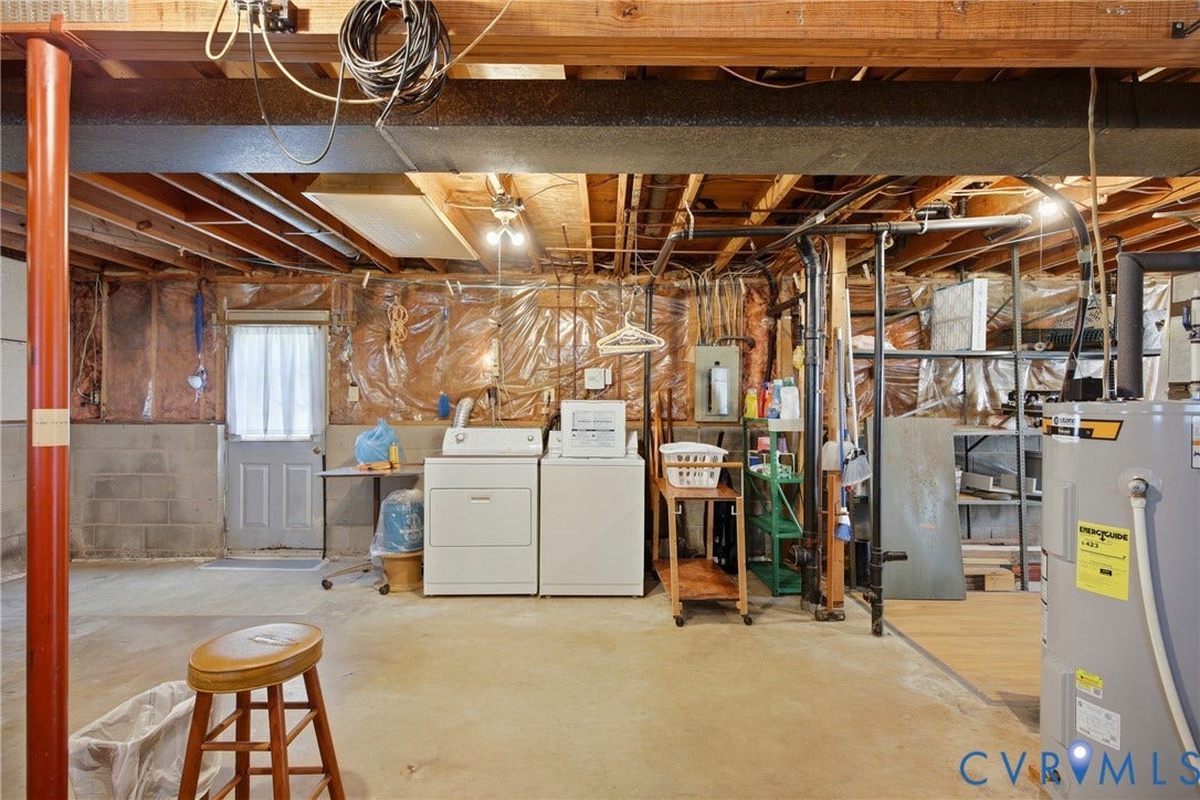 2007 Mountain Pine Boulevard, Three Pines, Richmond, VA 23235 Utility area featuring a water heater, exposed wood joists, and concrete flooring