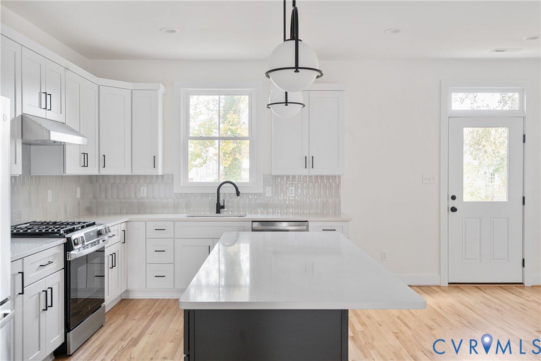 1103 Carlisle Avenue, Montrose Heights, Richmond, VA 23231 Kitchen featuring white shaker cabinetry, stainless steel appliances, a white tile backsplash, and a central island with a light-toned countertop
