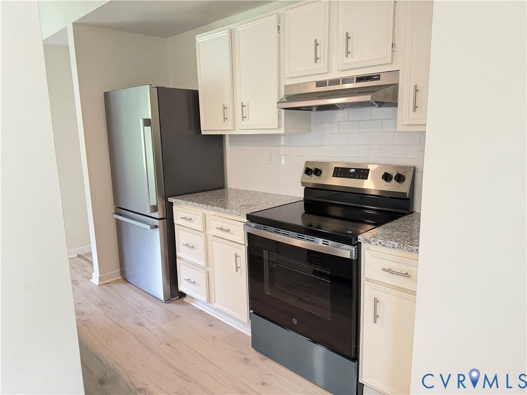 1308 Bentbrook Drive, Henrico, VA 23231 Kitchen featuring stainless steel appliances, white cabinetry with T-bar pulls, a subway tile backsplash, and light wood-finish flooring