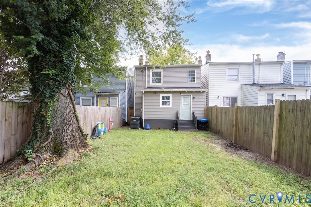 716 E Gladstone Avenue, Richmond, VA 23222 Expansive backyard featuring a mature tree, wood fencing, and a rear exterior with siding