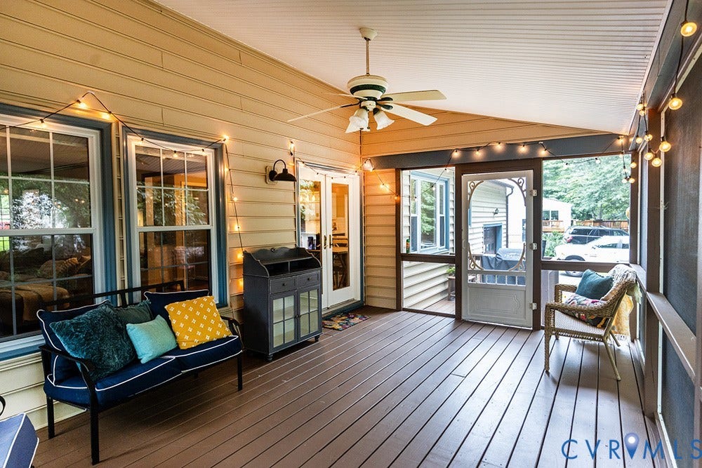 419 Rossmere Drive, Walton Park, Midlothian, VA 23114 Screened porch with wood-finish decking, light beige siding, and white ceiling with a ceiling fan