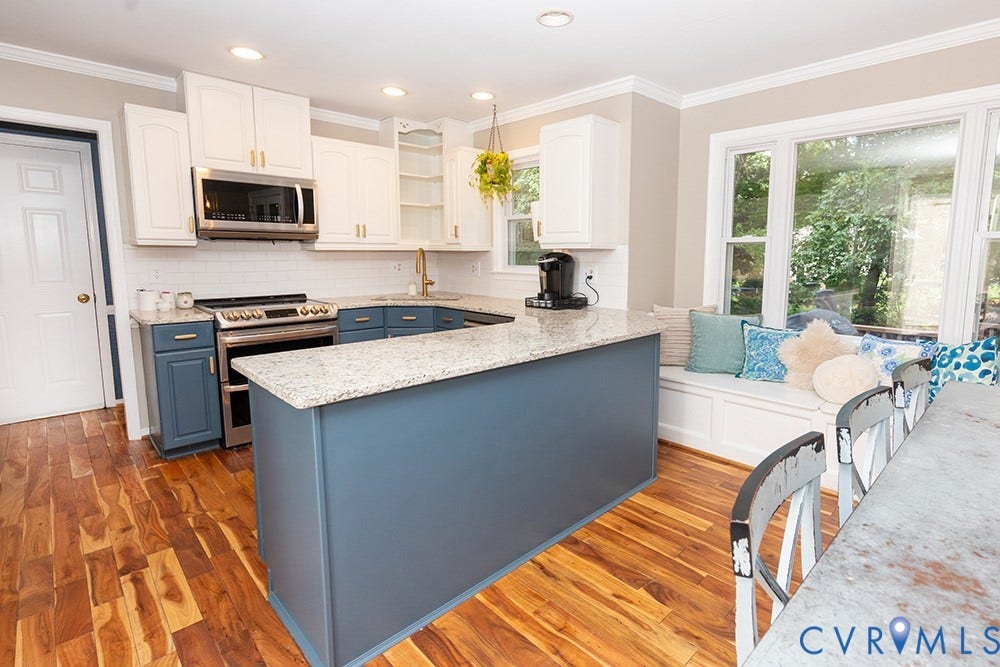 419 Rossmere Drive, Walton Park, Midlothian, VA 23114 Kitchen featuring wood-finish flooring, two-tone cabinetry, stainless steel appliances, granite countertops, and a window seat