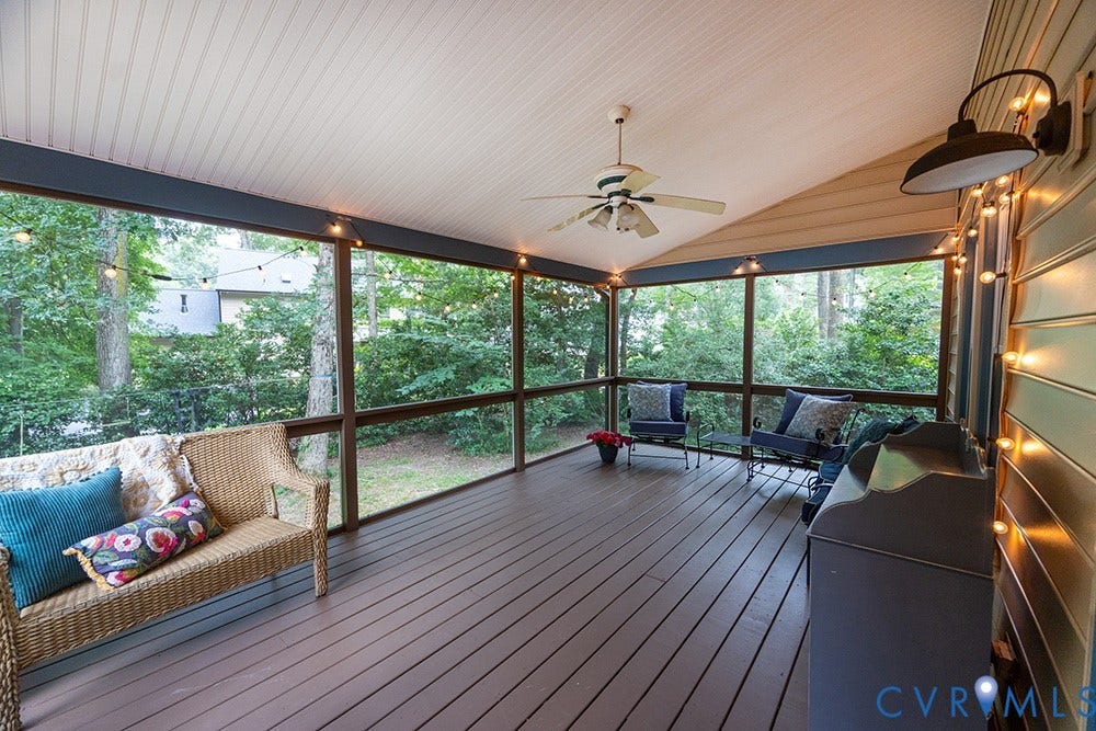 419 Rossmere Drive, Walton Park, Midlothian, VA 23114 Screened porch featuring wood-finish flooring and a beadboard ceiling