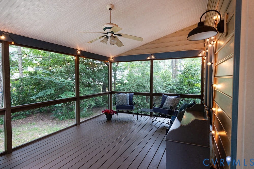 419 Rossmere Drive, Walton Park, Midlothian, VA 23114 Screened porch featuring a beadboard ceiling, ceiling fan, and composite decking