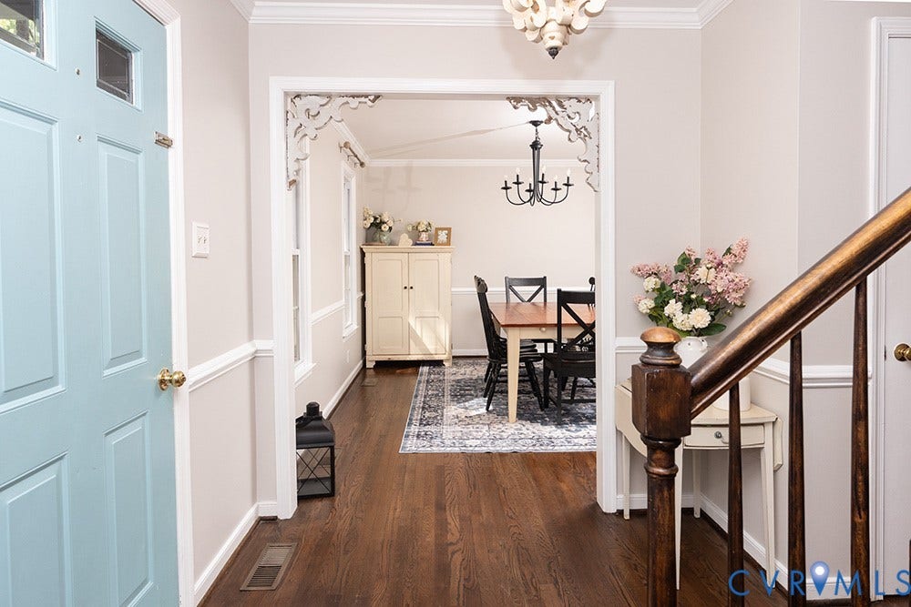 419 Rossmere Drive, Walton Park, Midlothian, VA 23114 Foyer featuring wood-finish flooring, light blue entry door with transom window, and white crown molding