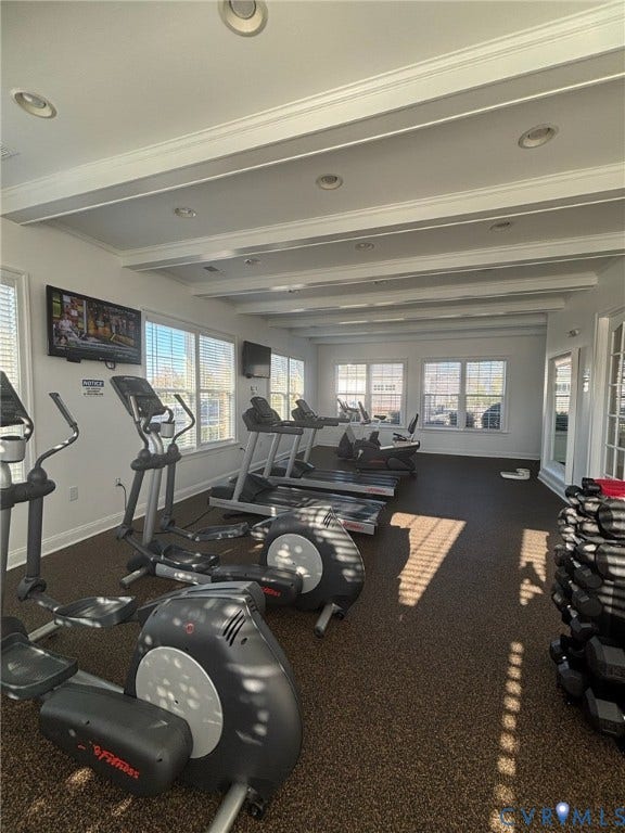 7484 Southamptonshire Way, Autumn Pines, New Kent, VA 23124 Fitness room featuring multiple exercise machines, recessed lighting, and a coffered ceiling
