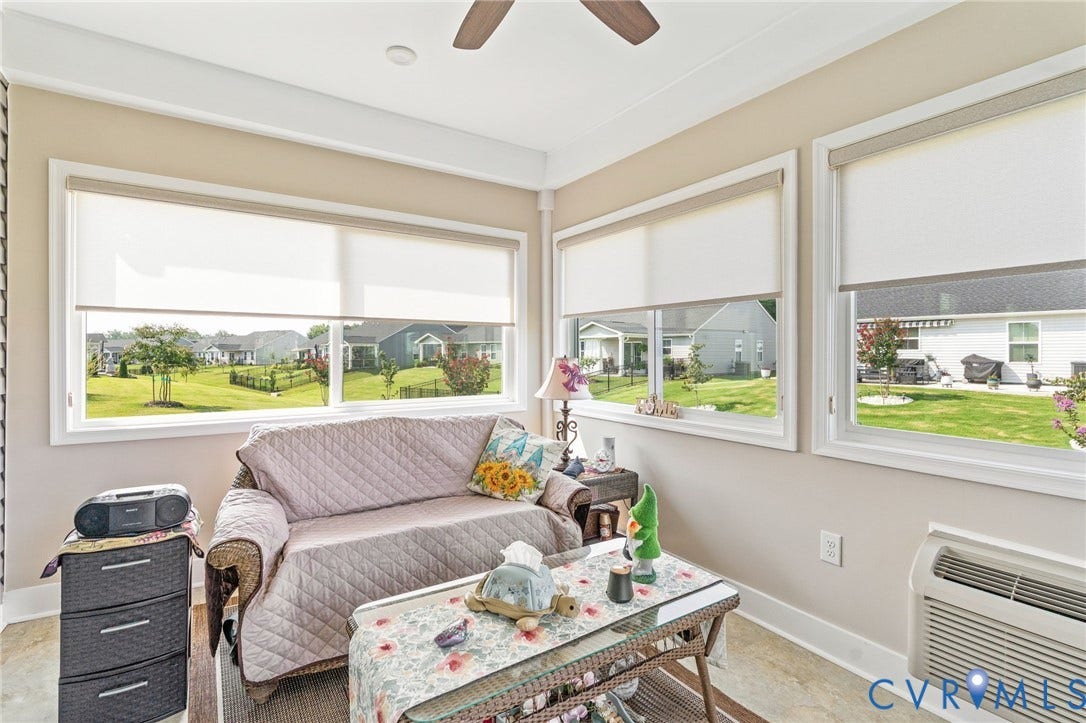 7484 Southamptonshire Way, Autumn Pines, New Kent, VA 23124 Sunroom with multiple windows, a ceiling fan, and light-toned walls