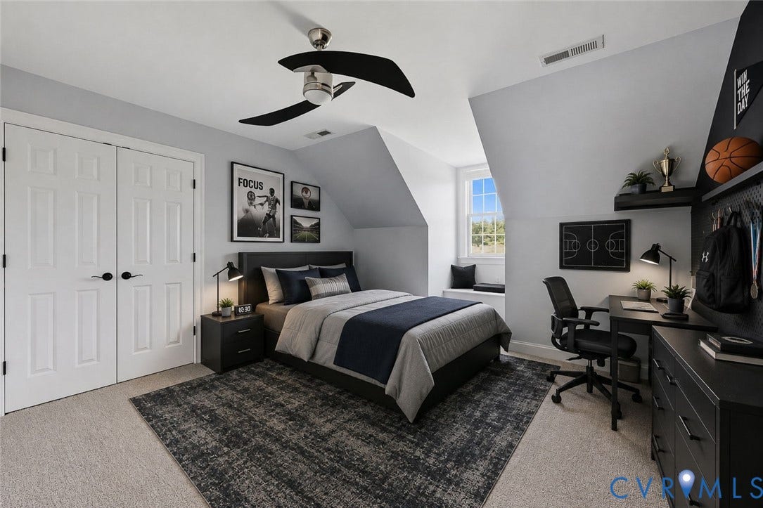 16225 Parrish Farms Road, Montpelier, VA 23192 Bedroom featuring sloped ceilings, light gray wall color, light tan carpeting, and a built-in window seat