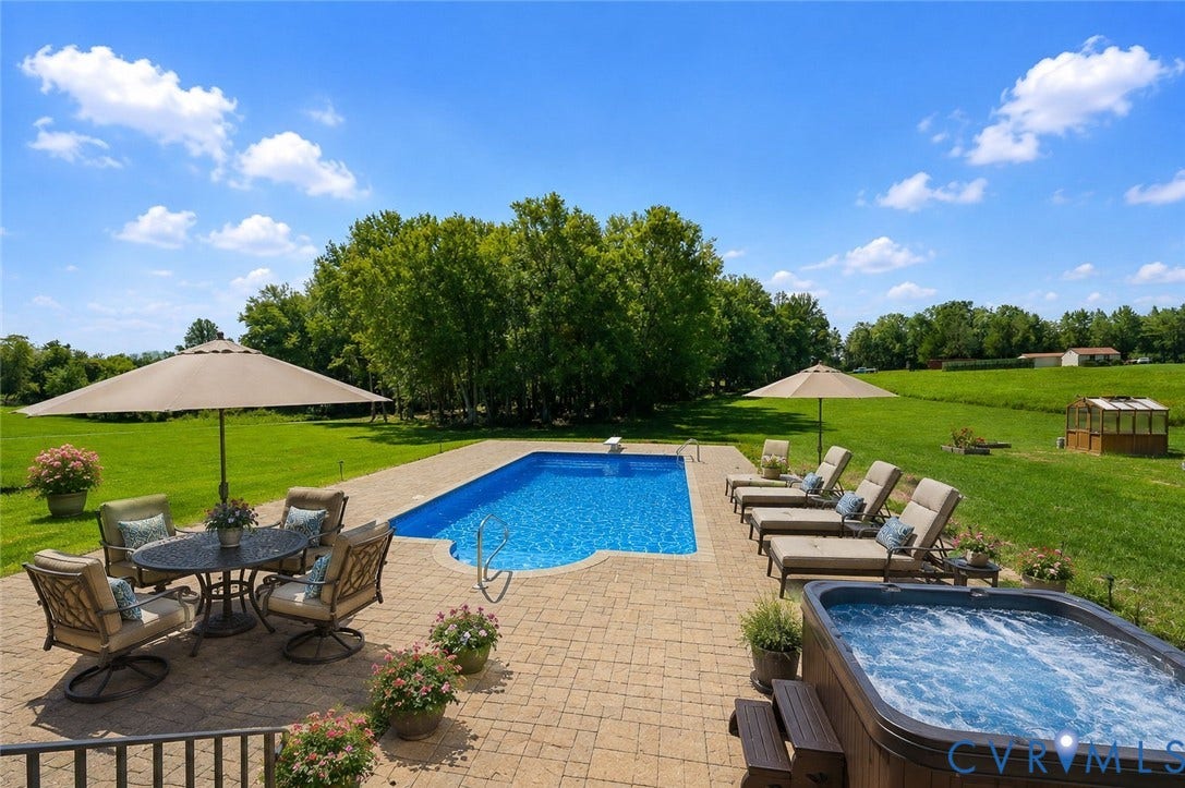 16225 Parrish Farms Road, Montpelier, VA 23192 Expansive outdoor space featuring a rectangular inground pool, paver patio, and hot tub