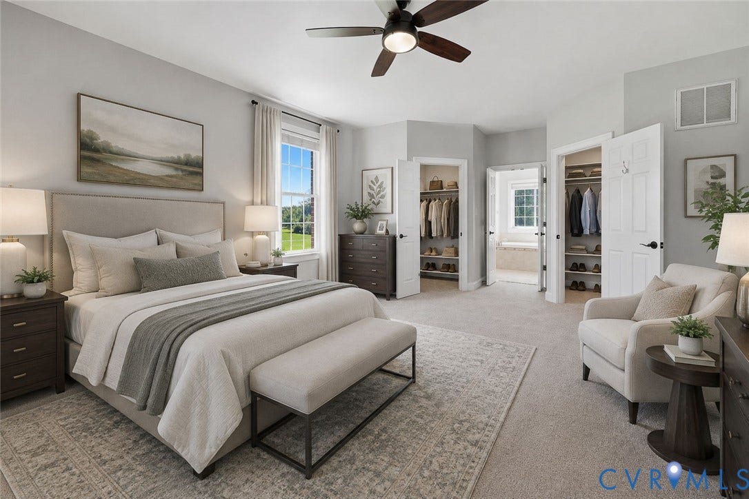 16225 Parrish Farms Road, Montpelier, VA 23192 Spacious bedroom featuring light gray walls, large window with outdoor scenery, ceiling fan with integrated lighting, and carpeted flooring