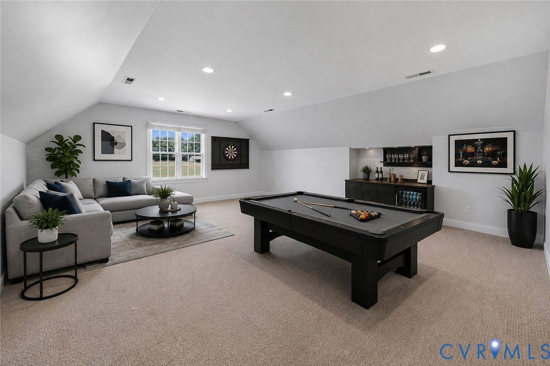 16225 Parrish Farms Road, Montpelier, VA 23192 Spacious bonus room featuring plush carpeting, recessed lighting, a built-in wet bar with shelving, and large windows providing ample natural light