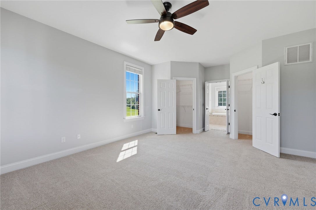16225 Parrish Farms Road, Montpelier, VA 23192 Carpeted room featuring a ceiling fan with integrated lighting, a single window, and multiple doorways