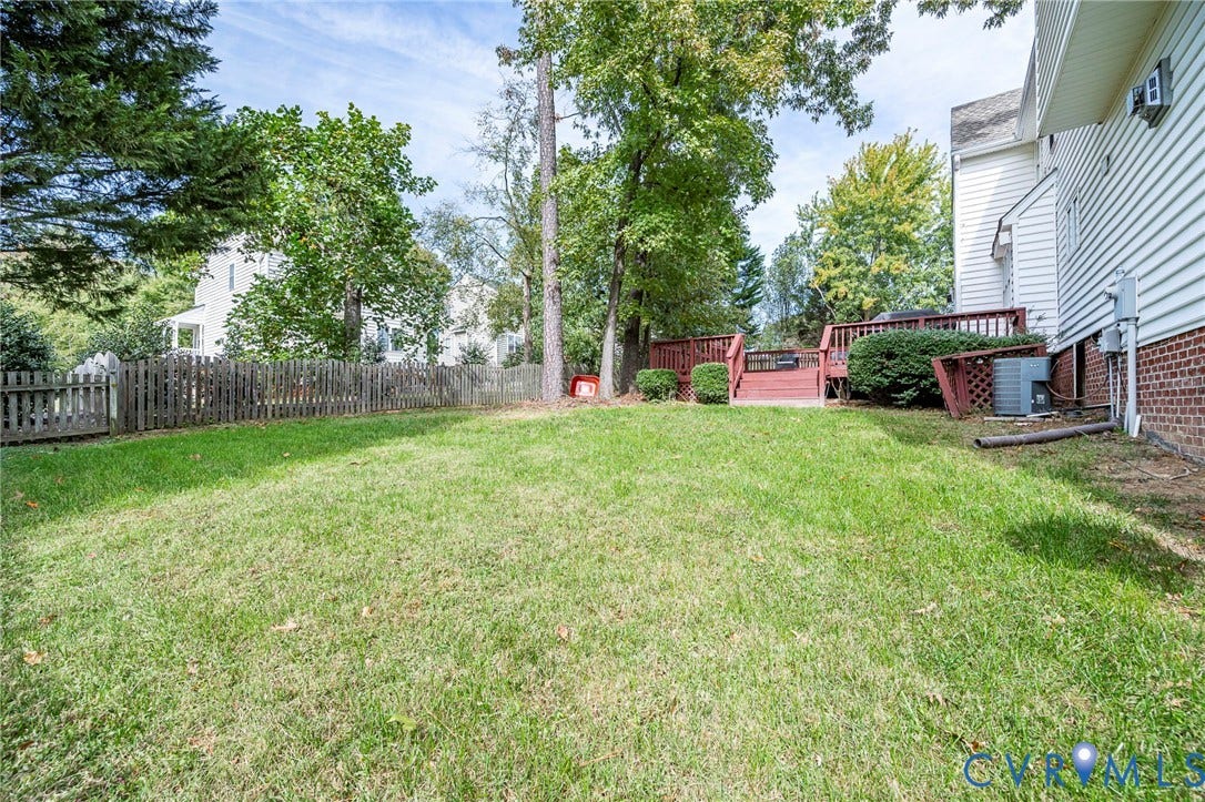 11821 Park Forest Way, Glen Allen, VA 23059 Expansive grassy yard area featuring a multi-level wood deck with railing