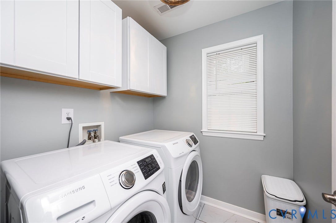 11821 Park Forest Way, Glen Allen, VA 23059 Dedicated laundry area featuring white shaker-style cabinetry, a single window with blinds, and light grey walls