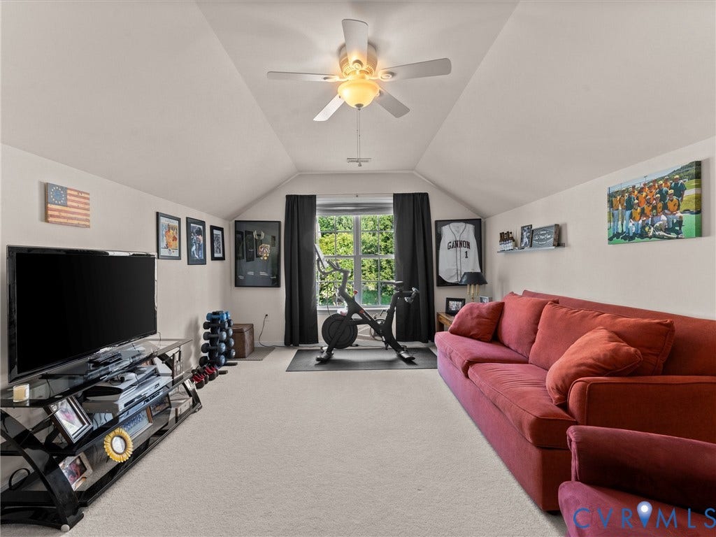 2606 Water Race Terrace, Watermill, Midlothian, VA 23112 Spacious bonus room featuring vaulted ceilings, a ceiling fan with integrated lighting, and neutral carpeting
