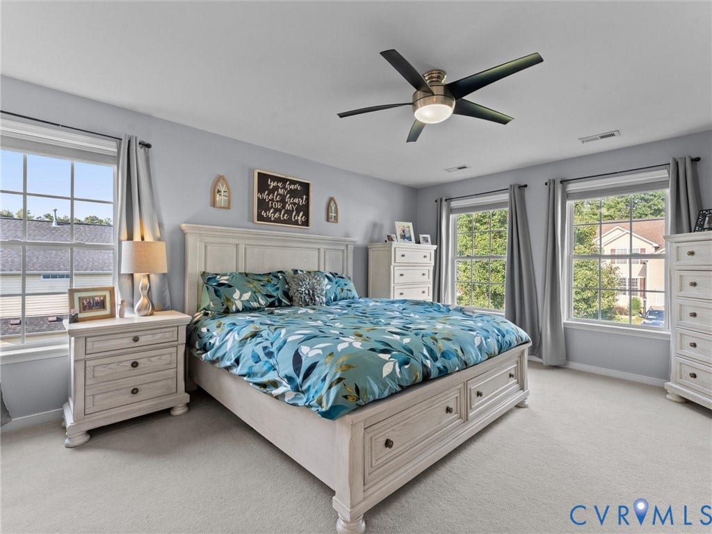 2606 Water Race Terrace, Watermill, Midlothian, VA 23112 Carpeted room featuring a ceiling fan with integrated lighting, multiple windows with grid patterns, and light-toned walls